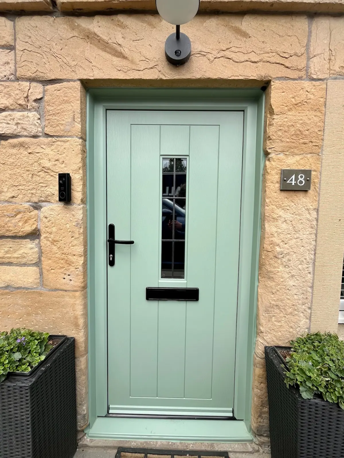 Sage green composite front door installation, Dundee